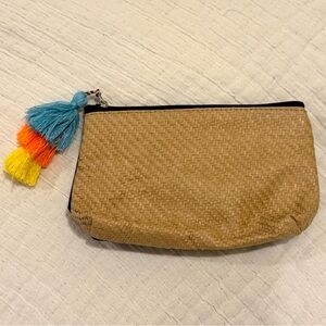Woven Tan Clutch Cosmetic Pouch - Colorful Tassel Pom Pom / Toiletry bag